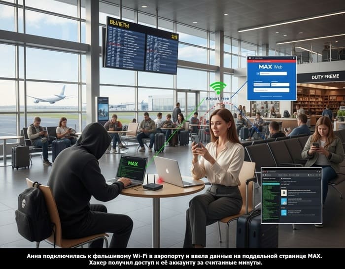 Взлом MAX через поддельную точку Wi-Fi в аэропорту