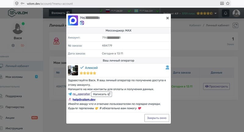 Личный кабинет мошеннического сайта vzlom.dev