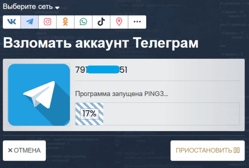 процесс взлома Telegram на vzlom.fyi